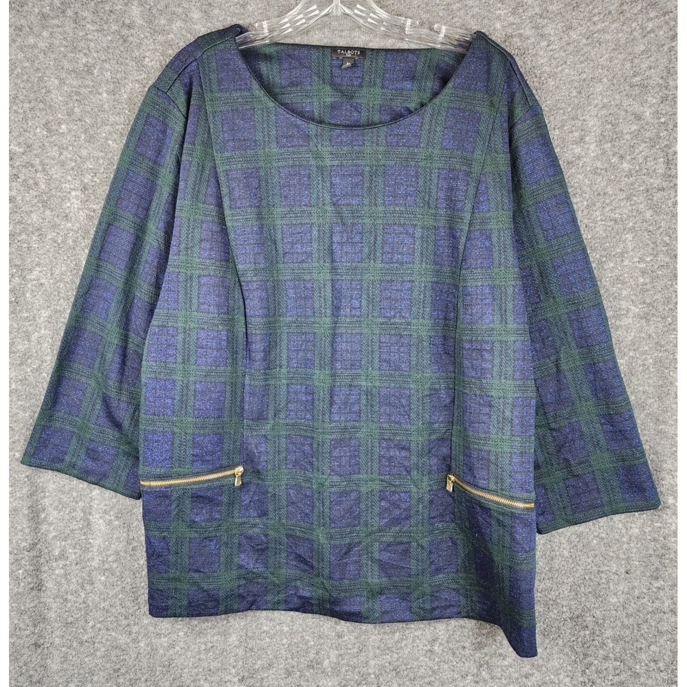 Talbots Tunic Top Women 3X Blue Green Plaid Metallic Shimmer Gold Zipper Details